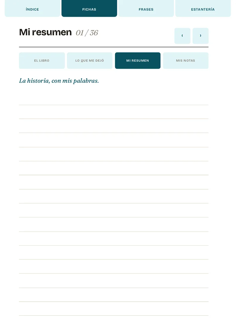 Página «Mi resumen» del diario de lectura, una hoja entera de renglones para escribir a mano